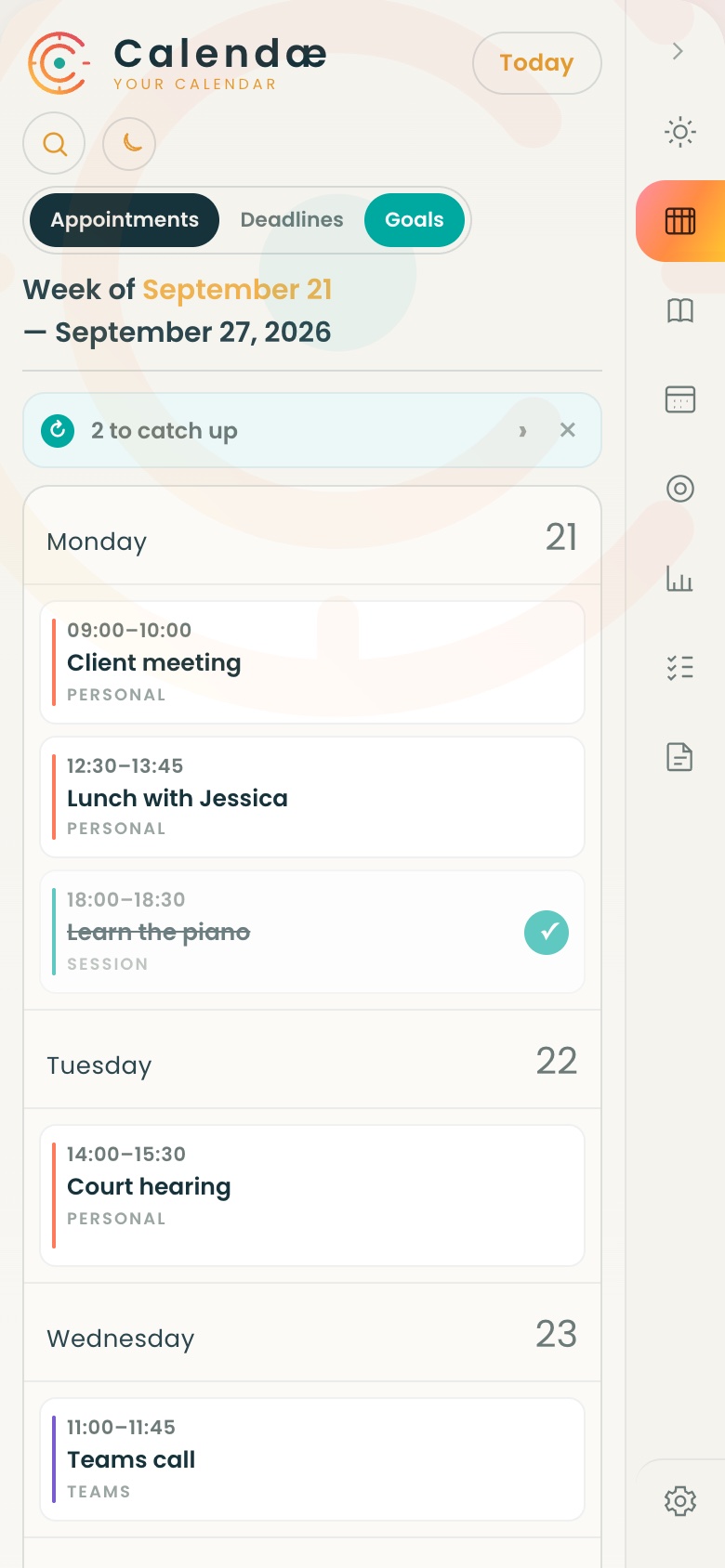 Vue semaine de Calendæ avec rendez-vous et séances d'objectifs