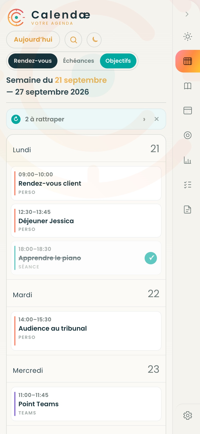 Vue semaine de Calendæ avec rendez-vous et séances auto-planifiées