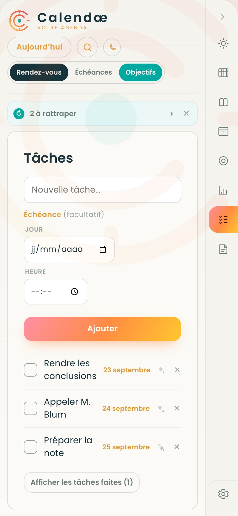Tâches et échéances dans Calendæ