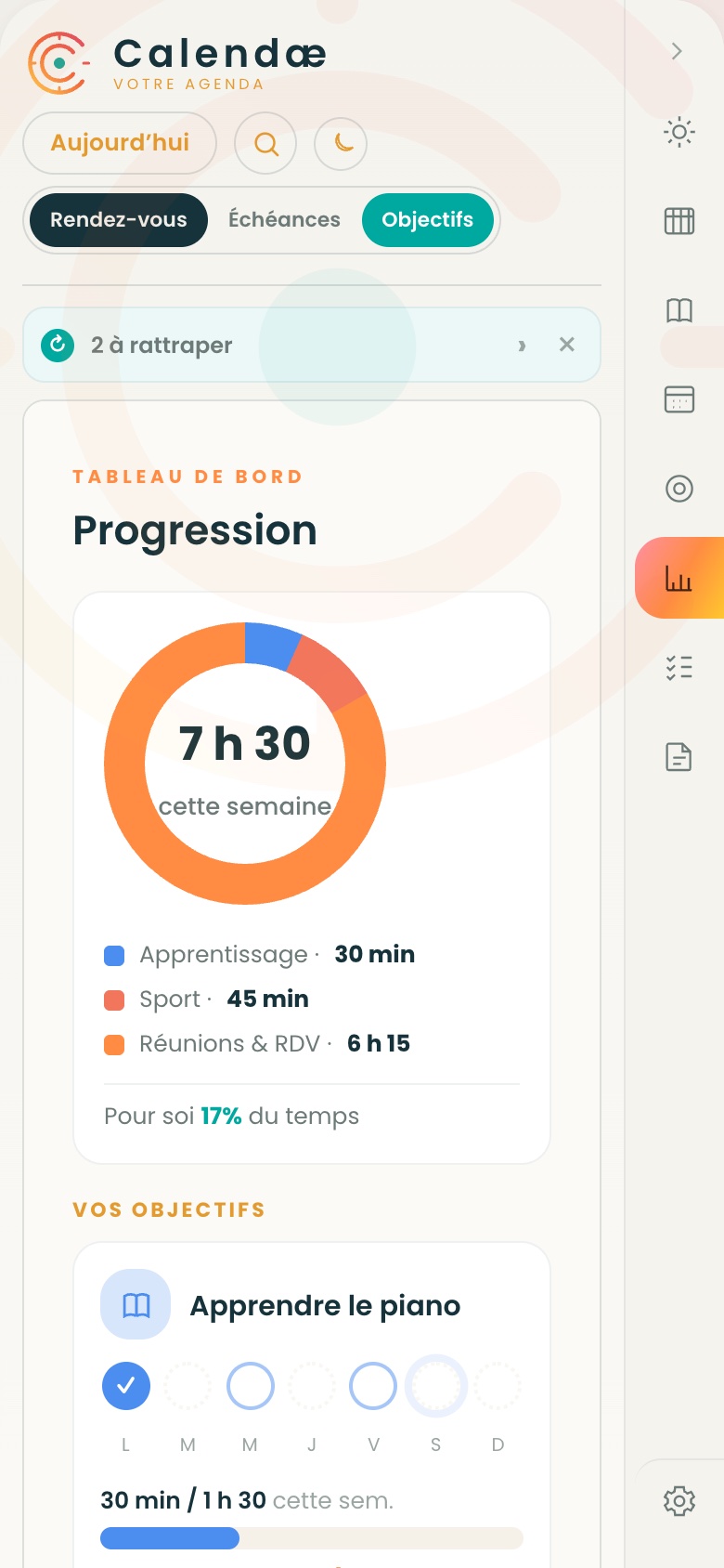 Tableau de bord de progression de Calendæ